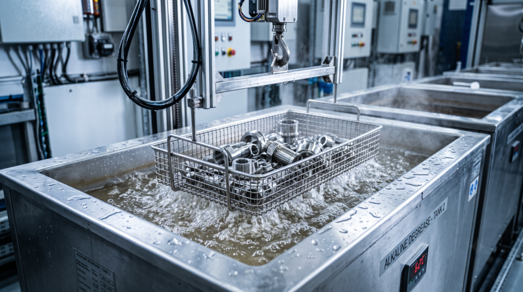 Machined fittings lowering into an ultrasonic alkaline degreasing tank