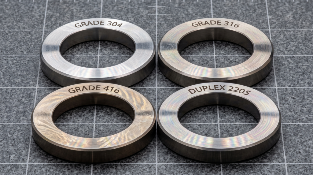 Four precision-machined stainless steel rings comparing different material grades