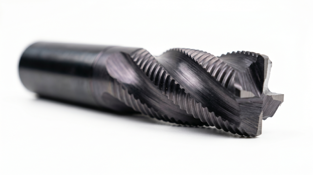 Fraise d'ébauche en carbure monobloc à profil brise-copeaux dentelé sur les arêtes des goujures périphériques.