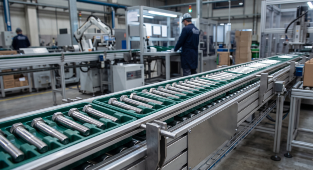 Row of finished stainless steel fasteners (bolts, studs) on a production line