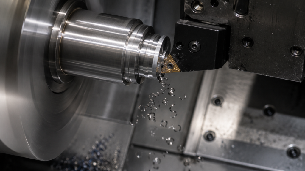 Tightly fractured manganese-sulfur chips falling from a turning operation